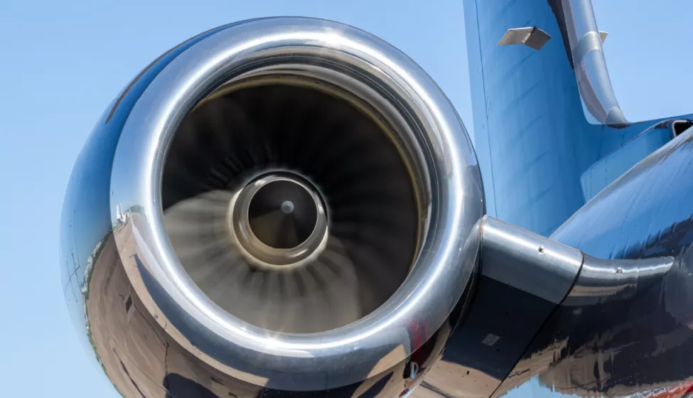 A close up view of an airplane engine