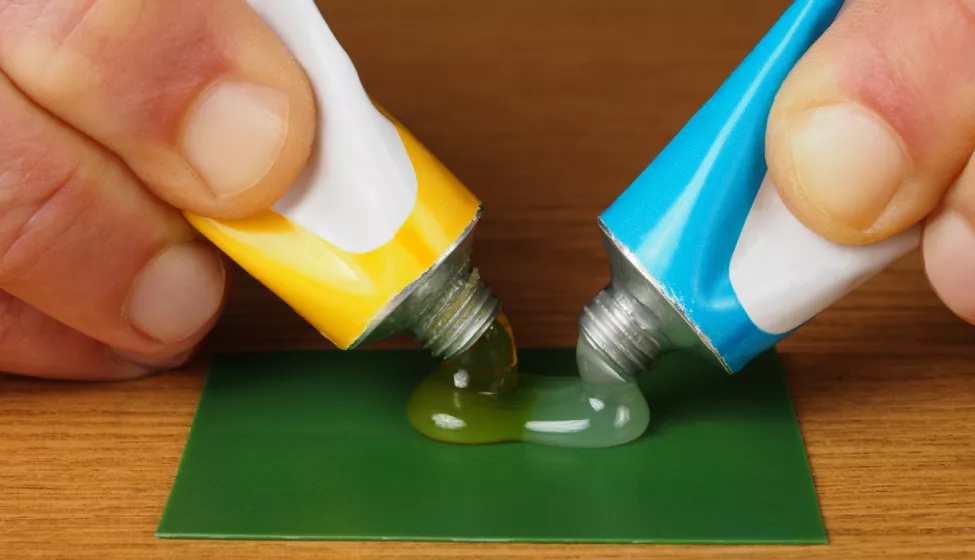 Hands holding two tubes of thermosets (epoxies, silicones, polyurethanes, etc.) mixing together