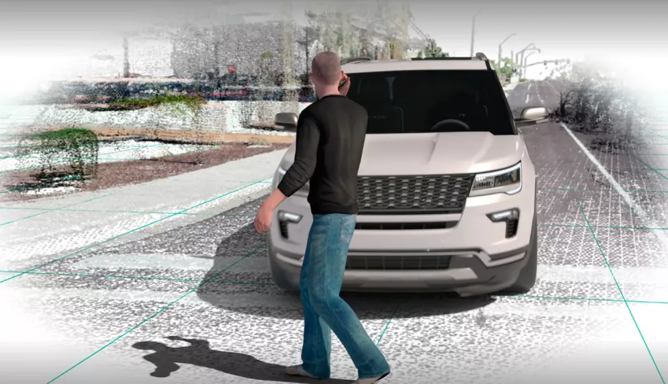 A recreation of a man on a cell phone walking in front of a white SUV.  