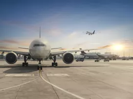 Front view of landed airplane