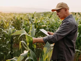 Crop consultant analyzes corn plants mid-summer. Exponent consultants help improve yield and safety of ag products.