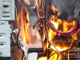 A computer tower and circuit boards are engulfed in flames. Exponent electrical engineers construct detailed accident reconstructions.