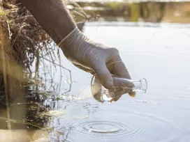 Collecting water samples to evaluate for chemical toxicity. Exponent helps identify chemical contamination sources.