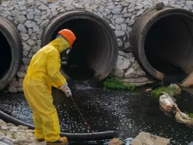 Hazmat worker performs hazardous material cleanup. Exponent provides technical support for all types of industrial contamination 