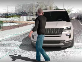 A recreation of a man on a cell phone walking in front of a white SUV.